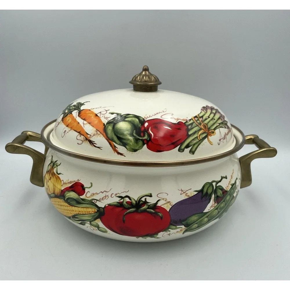 Vtg 3 Qt Farmers Market Enamel Ware Casserole Pot Brass Handles Vegetable Motif